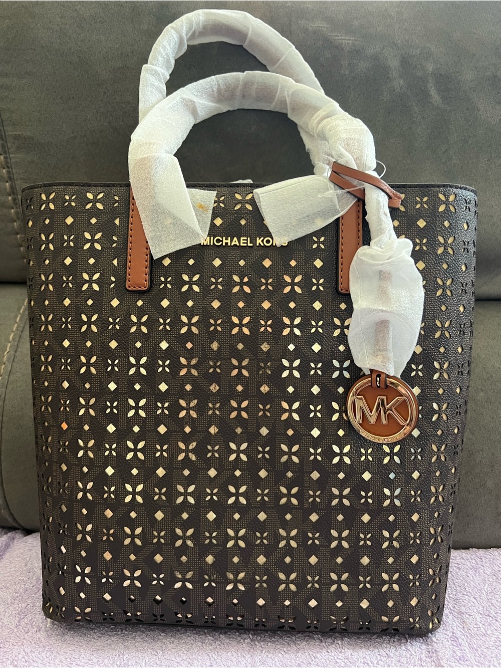 Michael Kors | Haley | Brown Laser-Cut Tote with Tan Trim and MK Charm